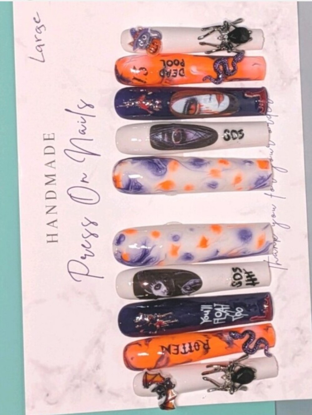 Handmade Women's Press-On Nails in Orange, Purple, White - Spooky Art Set